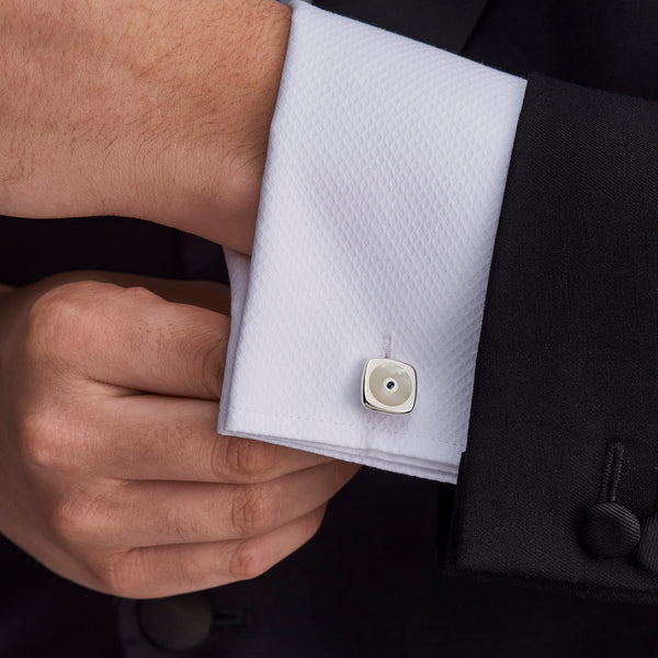 Deakin & Francis Sterling Silver Cushion Shape Cufflinks With Round Mother-of-Pearl And Sapphire Centre