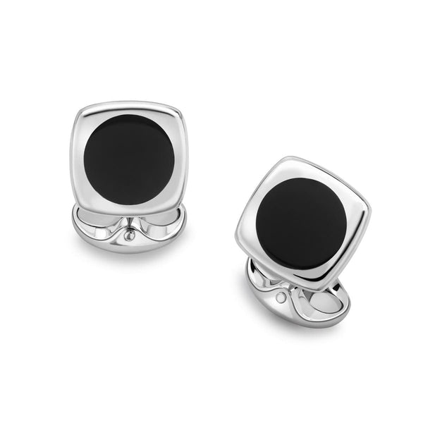 deakin & francis Sterling Silver Cushion Shape Cufflinks With Round Onyx Inlay