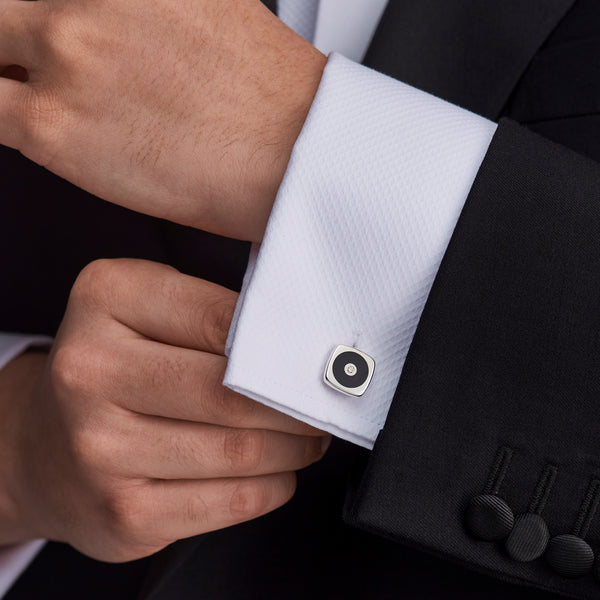 Deakin & Francis Sterling Silver Cushion Shape Cufflinks With Round Onyx And Diamond Centre