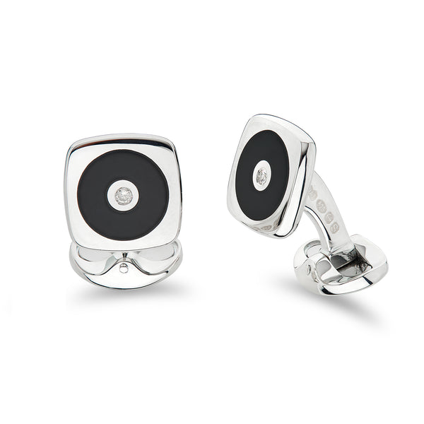 deakin & francis Sterling Silver Cushion Shape Cufflinks With Round Onyx And Diamond Centre