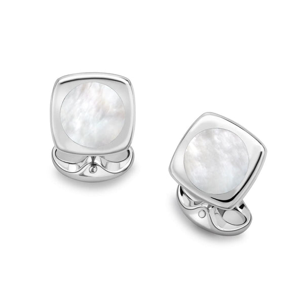 deakin & francis Sterling Silver Cushion Shape Cufflinks With Round Mother-of-Pearl Inlay