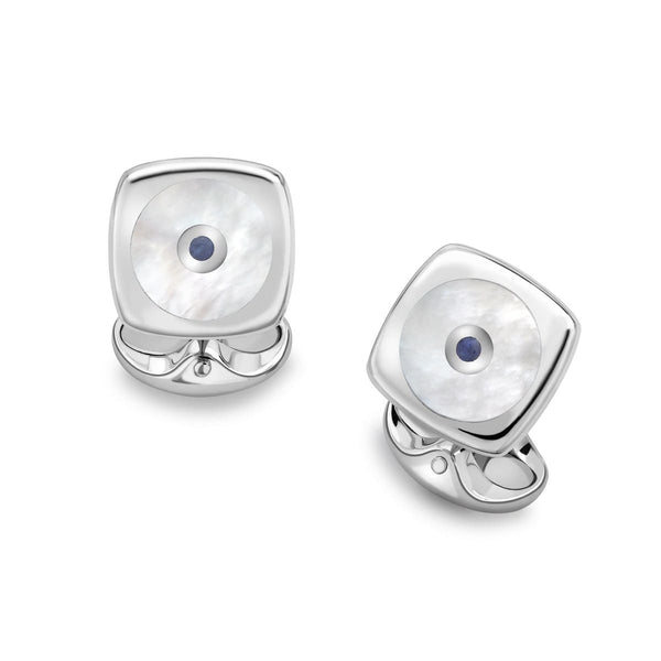 deakin & francis Sterling Silver Cushion Shape Cufflinks With Round Mother-of-Pearl And Sapphire Centre