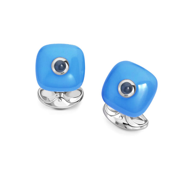 deakin & francis Sterling Silver Denim Blue Enamel Bouton Cufflinks With Sapphire Centre