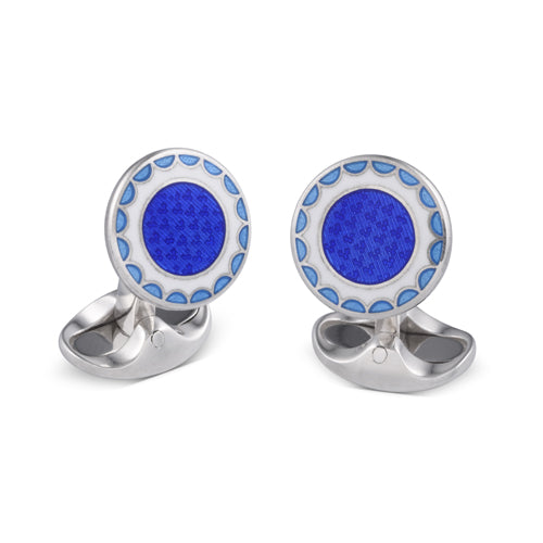 deakin & francis Sterling Silver Denim Blue Royal Blue and White Enamel Round Cufflinks