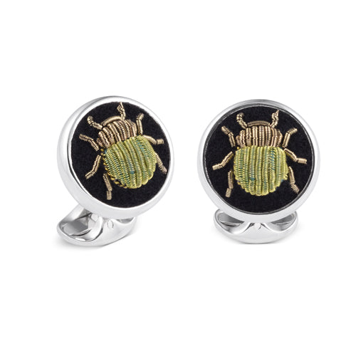 deakin & francis Sterling Silver Embroidered Green Bug Cufflinks