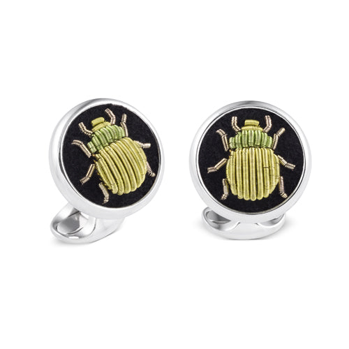 deakin & francis Sterling Silver Embroidered Green Bug Cufflinks
