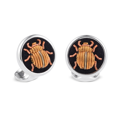 deakin & francis Sterling Silver Embroidered Orange Bug Cufflinks