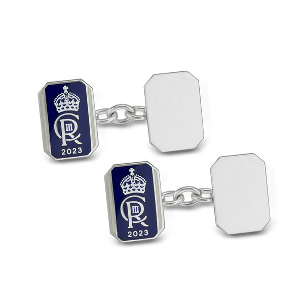 deakin & francis Sterling Silver Enamel And Plain Oblong Chain Link Coronation Cufflinks - Blue Cufflinks