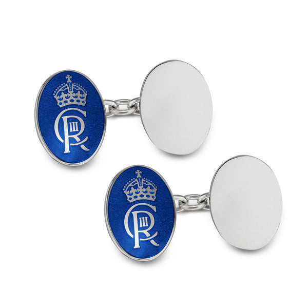 deakin & francis Sterling Silver Enamel And Plain Oval Chain Link Coronation Cufflinks - Blue Cufflinks