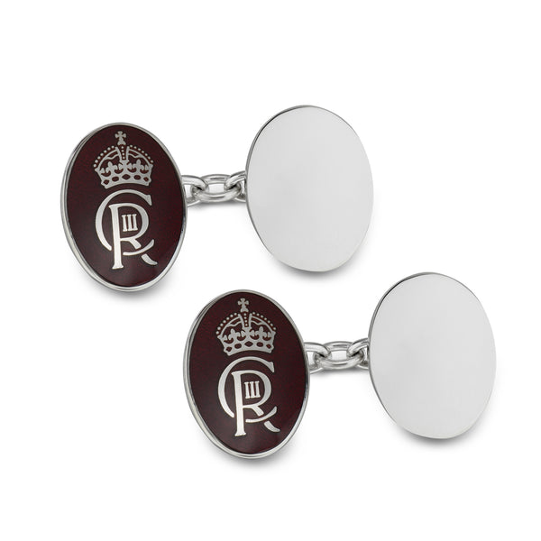 deakin & francis Sterling Silver Enamel And Plain Oval Chain Link Coronation Cufflinks - Red Cufflinks