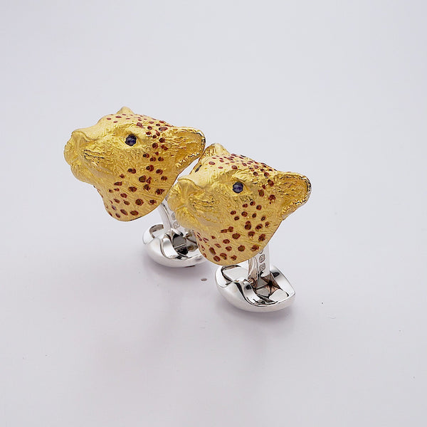 Deakin & Francis Sterling Silver Enamel Leopard With Sapphire Eyes Cufflinks
