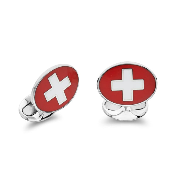 deakin & francis Sterling Silver Enamel Swiss Flag Cufflinks