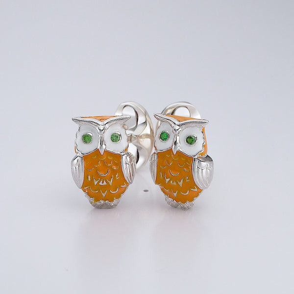 Deakin & Francis Sterling Silver Enamelled Owl Cufflinks With Tsavorite Eyes