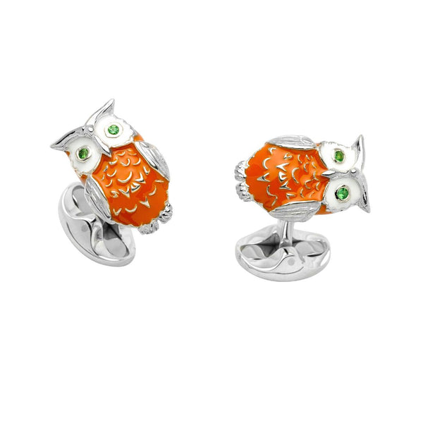 deakin & francis Sterling Silver Enamelled Owl Cufflinks with Tsavorite Eyes