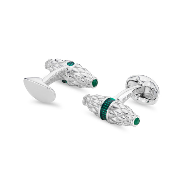 Deakin & Francis Sterling Silver Fancy Bar Cufflinks With Green Enamel Centre And Emerald Ends