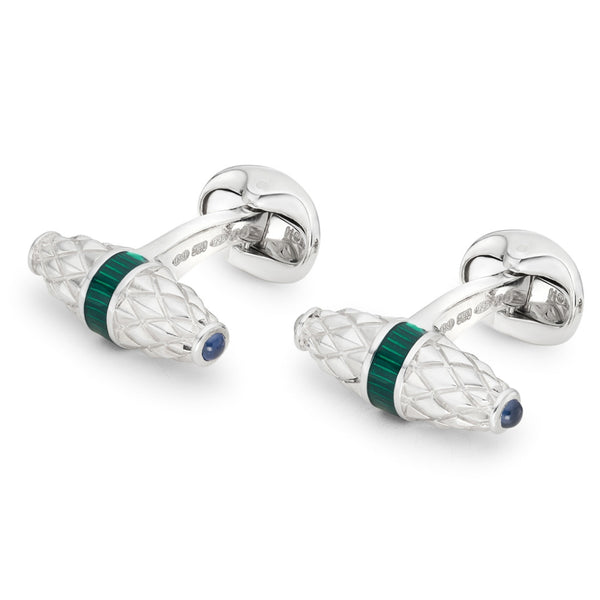 Deakin & Francis Sterling Silver Fancy Bar Cufflinks With Green Enamel Centre And Sapphire Ends