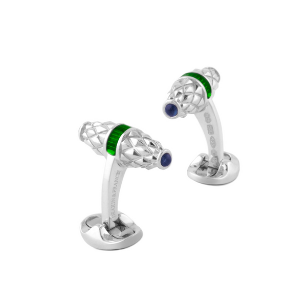 Deakin & Francis Sterling Silver Fancy Bar Cufflinks With Green Enamel Centre And Sapphire Ends