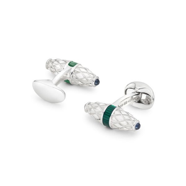Deakin & Francis Sterling Silver Fancy Bar Cufflinks With Green Enamel Centre And Sapphire Ends