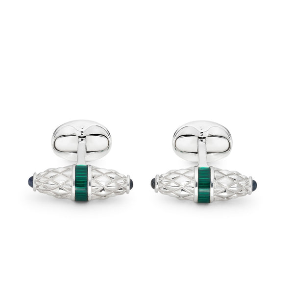 deakin & francis Sterling Silver Fancy Bar Cufflinks With Green Enamel Centre And Sapphire Ends