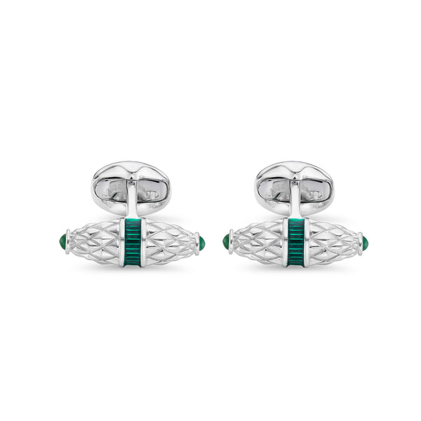 deakin & francis Sterling Silver Fancy Bar Cufflinks With Green Enamel Centre and Emerald Ends