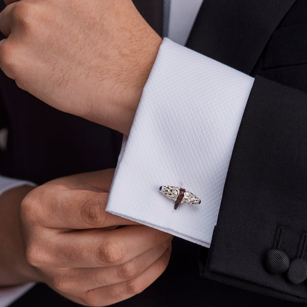 Deakin & Francis Sterling Silver Fancy Bar Cufflinks With Red Enamel Centre And Sapphire Ends