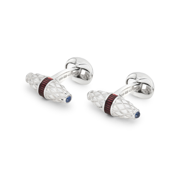 Deakin & Francis Sterling Silver Fancy Bar Cufflinks With Red Enamel Centre And Sapphire Ends