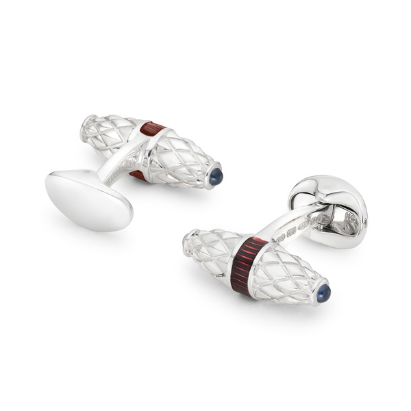 Deakin & Francis Sterling Silver Fancy Bar Cufflinks With Red Enamel Centre And Sapphire Ends