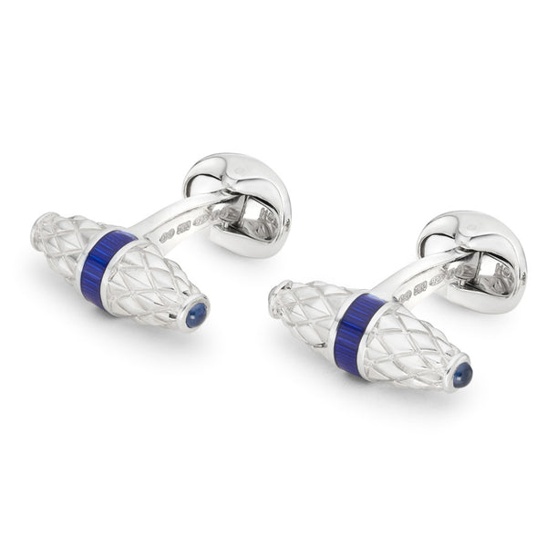 Deakin & Francis Sterling Silver Fancy Bar Cufflinks With Royal Blue Enamel Centre And Sapphire Ends