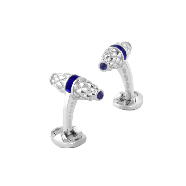 Deakin & Francis Sterling Silver Fancy Bar Cufflinks With Royal Blue Enamel Centre And Sapphire Ends