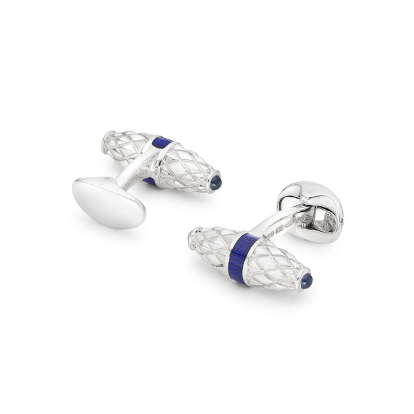 Deakin & Francis Sterling Silver Fancy Bar Cufflinks With Royal Blue Enamel Centre And Sapphire Ends