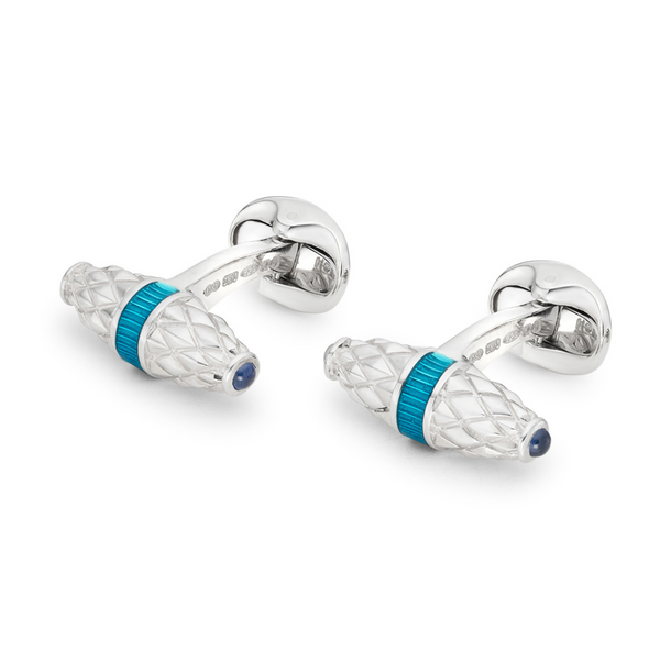 Deakin & Francis Sterling Silver Fancy Bar Cufflinks With Turquoise Enamel Centre And Sapphire Ends