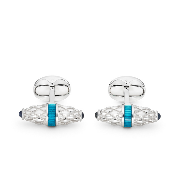deakin & francis Sterling Silver Fancy Bar Cufflinks With Turquoise Enamel Centre And Sapphire Ends deakin & francis Sterling Silver Fancy Bar Cufflinks With Turquoise Enamel Centre And Sapphire Ends