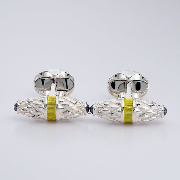 Deakin & Francis Sterling Silver Fancy Bar Cufflinks With Yellow Enamel Centre And Sapphire Ends