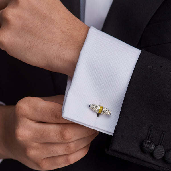 Deakin & Francis Sterling Silver Fancy Bar Cufflinks With Yellow Enamel Centre And Sapphire Ends