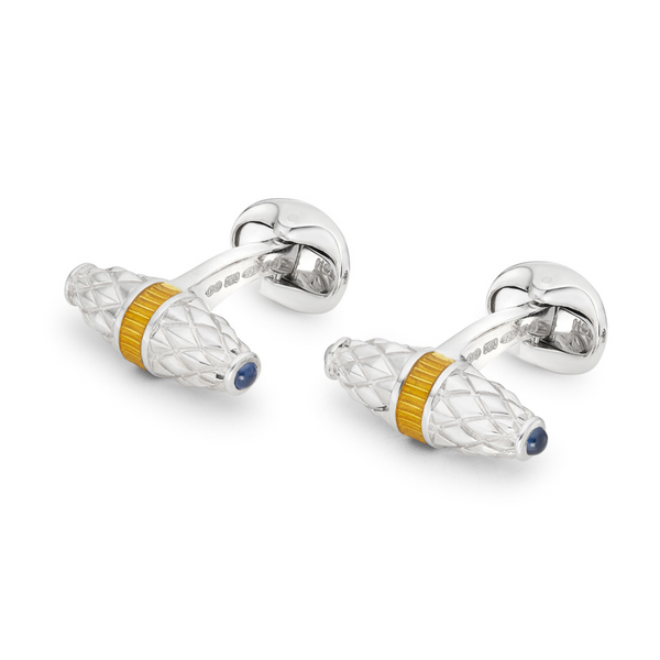 Deakin & Francis Sterling Silver Fancy Bar Cufflinks With Yellow Enamel Centre And Sapphire Ends