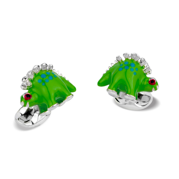 deakin & francis Sterling Silver Green and Blue Enamel Dinosaur Cufflinks