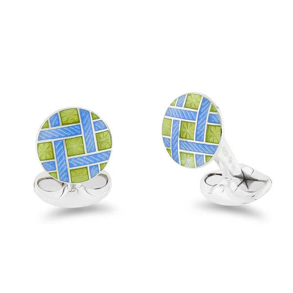 deakin & francis Sterling Silver Green And Blue Enamel Lattice Design Cufflinks