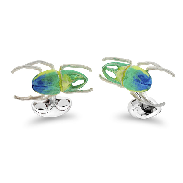deakin & francis Sterling Silver Green Blue And Yellow Horn Beetle Cufflinks