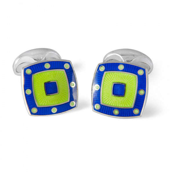 deakin & francis Sterling Silver Green Enamel Cufflinks with Blue Spot Border