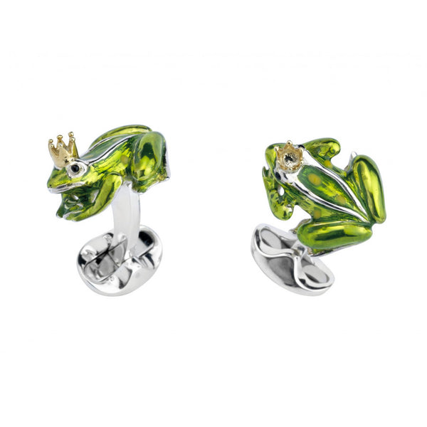 deakin & francis Sterling Silver Green Frog With Crown Cufflinks