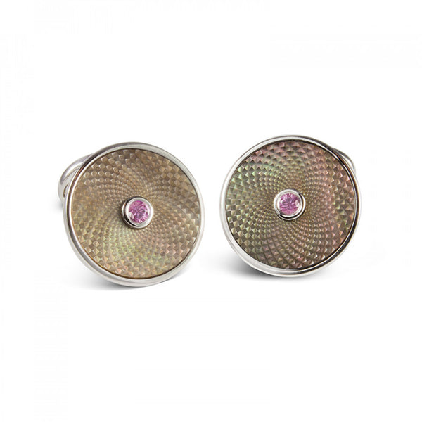 deakin & francis Sterling Silver Grey Mother-of-Pearl Cufflinks with a Pink Sapphire Gemstone