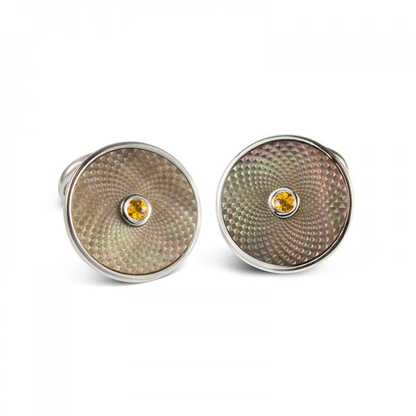 deakin & francis Sterling Silver Grey Mother-of-Pearl Cufflinks with a Yellow Sapphire Gemstone