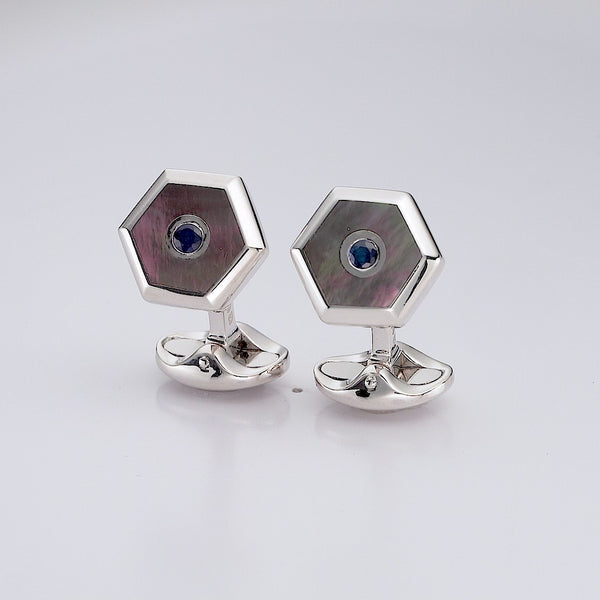 Deakin & Francis Sterling Silver Hexagonal Cufflinks With Grey Mother-of-Pearl And Sapphire