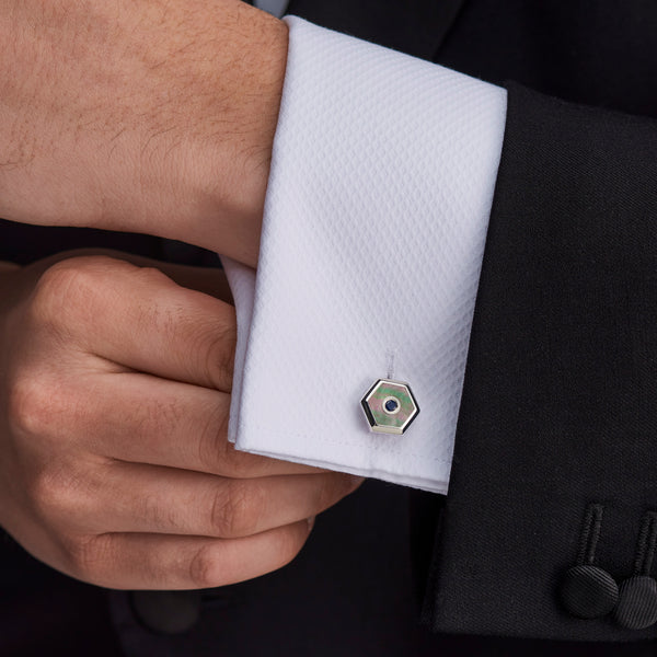 Deakin & Francis Sterling Silver Hexagonal Cufflinks With Grey Mother-of-Pearl And Sapphire
