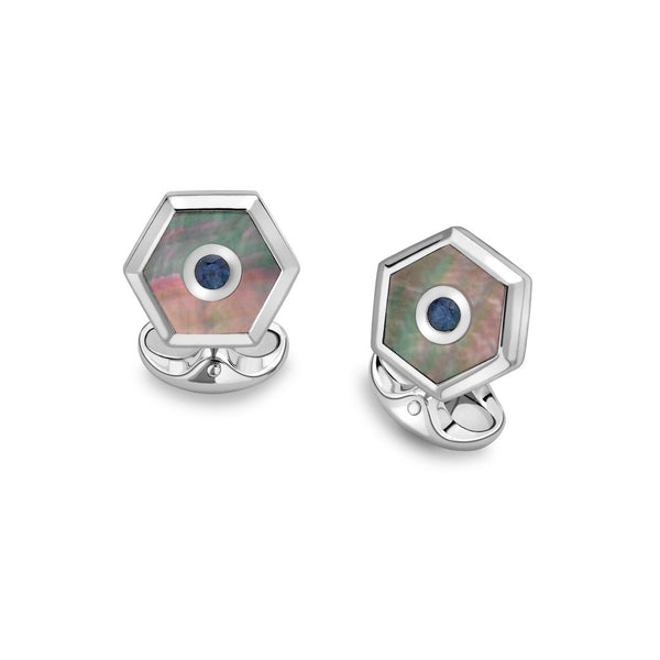 deakin & francis Sterling Silver Hexagonal Cufflinks with Grey Mother-of-Pearl and Sapphire