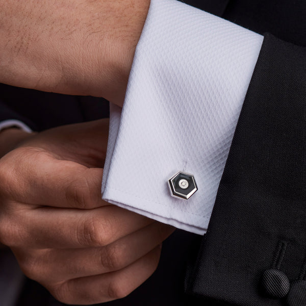 Deakin & Francis Sterling Silver Hexagonal Cufflinks With Onyx And Diamond