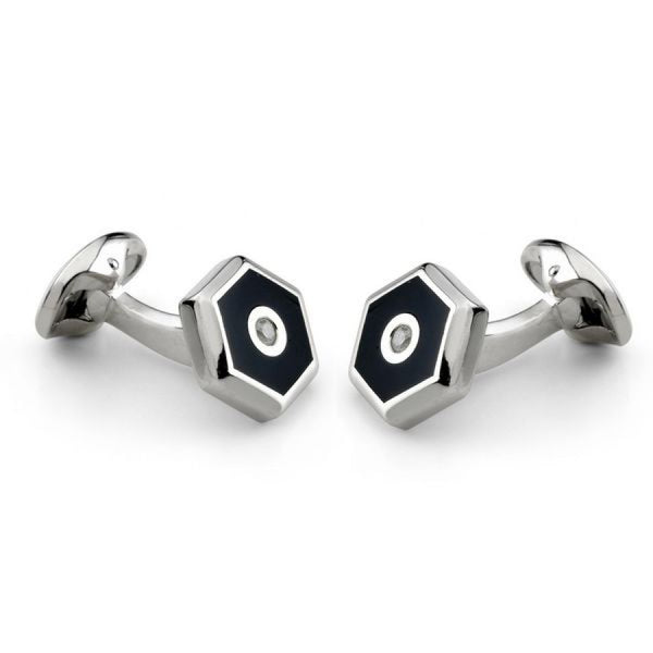 deakin & francis Sterling Silver Hexagonal Cufflinks with Onyx and Diamond deakin & francis Sterling Silver Hexagonal Cufflinks with Onyx and Diamond