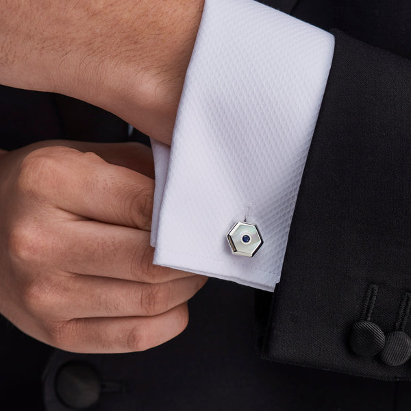 Deakin & Francis Sterling Silver Hexagonal Cufflinks With White Mother-of-Pearl And Sapphire