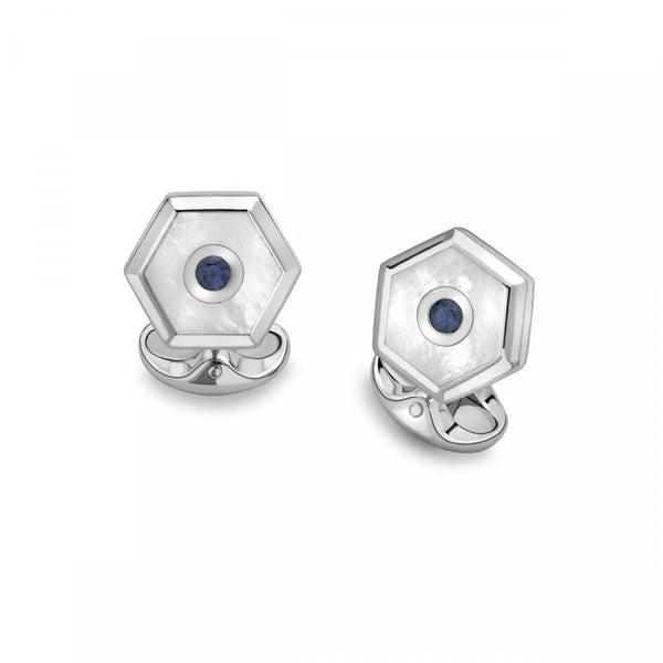 Deakin & Francis Sterling Silver Hexagonal Dress Stud Set - Mother-of-Pearl & Sapphire