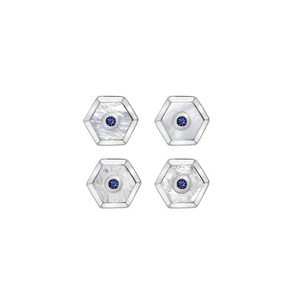 Deakin & Francis Sterling Silver Hexagonal Dress Stud Set - Mother-of-Pearl & Sapphire